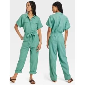 NWT Universal Thread Waist Tie Straight Leg Pockets Jumpsuit Green Women Size 10